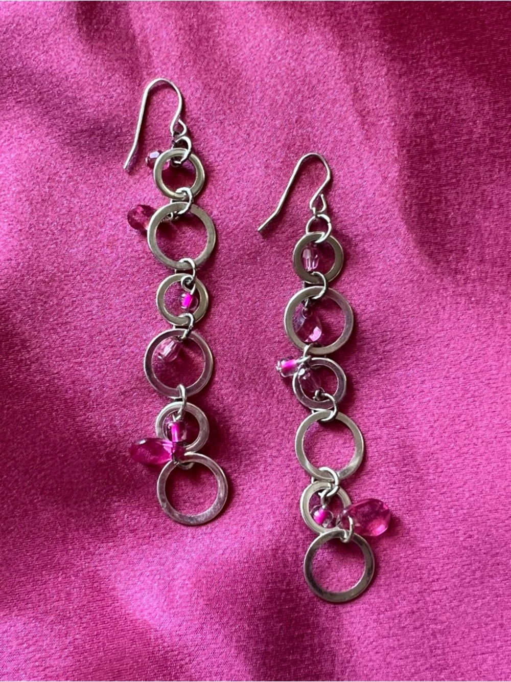 Y2K Silver Tone Link Drop Earrings with Pink Crystal Beads